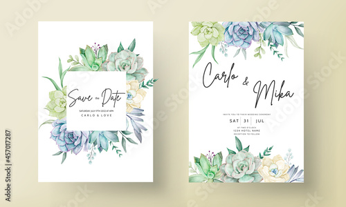 elegant wedding invitation card with beautiful succulent flower watercolor