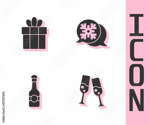 Set Glass of champagne, Gift box, Champagne bottle and Snowflake speech bubble icon. Vector