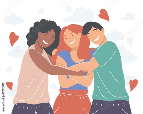women and man friends hugging