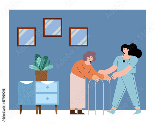 nurse and old woman with walker