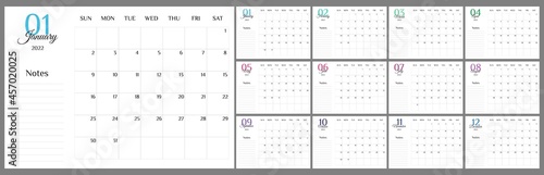 Calendar 2022 template planner minimalist. Colorful planner 2022 with calendar. Vector illustration. Blank white notebook page A4. Printable template. Week Starts on Sunday