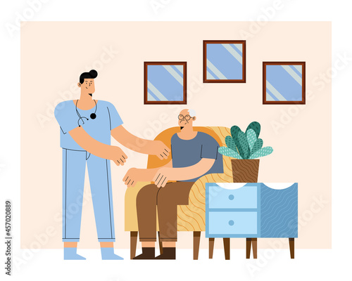 male nurse with old man on chair