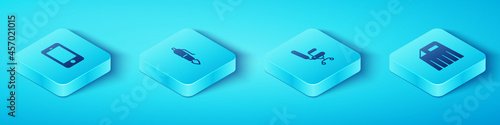 Set Isometric Mobile phone, Fountain pen nib, Paper shredder and Office chair icon. Vector