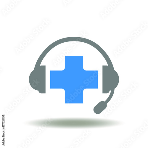 Vector illustration of headphones with medicine or pharmacy cross. Symbol of online medical support.