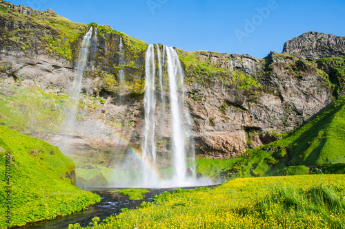 The beautiful waterfall of Seljalandsfoss in south Iceland on a summer day