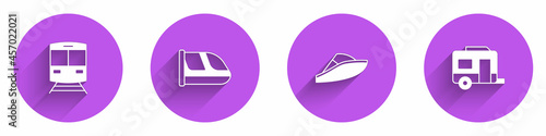 Set Train and railway, Speedboat and Rv Camping trailer icon with long shadow. Vector