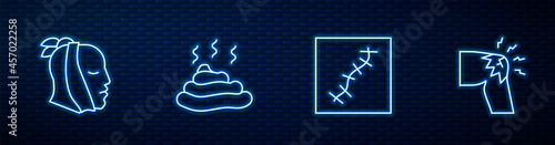 Set line Scar with suture, Toothache, Shit and Joint pain, knee pain. Glowing neon icon on brick wall. Vector