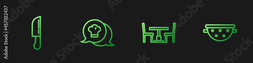 Set line Wooden table with chair, Knife, Chef hat in speech bubble and Kitchen colander. Gradient color icons. Vector