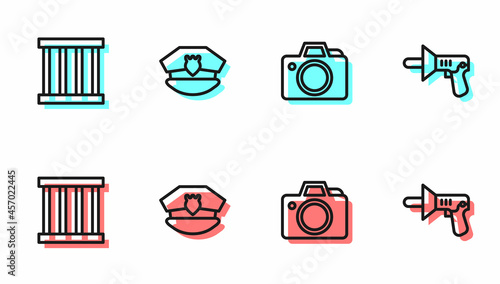 Set line Photo camera, Prison window, Police cap with cockade and megaphone icon. Vector