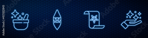 Set line Ancient magic book, Witch cauldron, Wizard warlock and Sparkle stars with trick. Glowing neon icon on brick wall. Vector