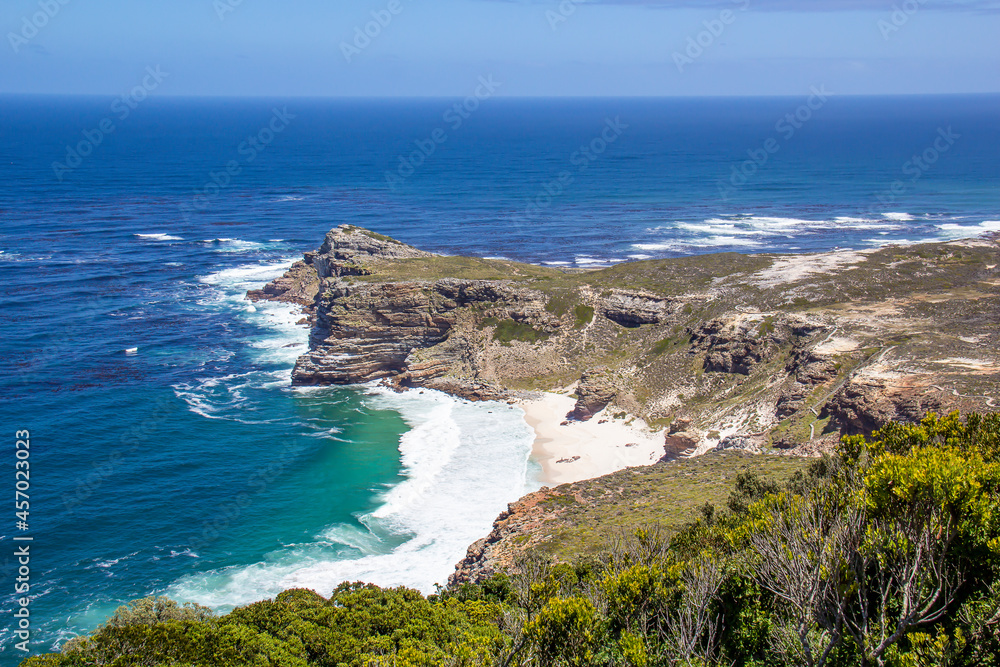 Diaz Beach is seen from Cape Point, South Africa, at the tip where the Atlantic Ocean meets False Bay on a beautiful sunny day.