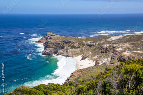 Diaz Beach is seen from Cape Point, South Africa, at the tip where the Atlantic Ocean meets False Bay on a beautiful sunny day.