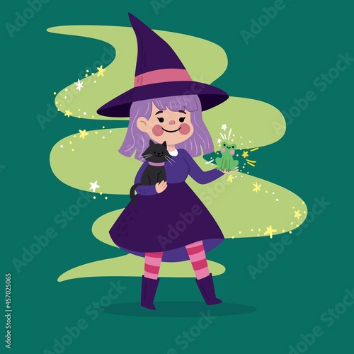 cute halloween witch with animals vector design illustration