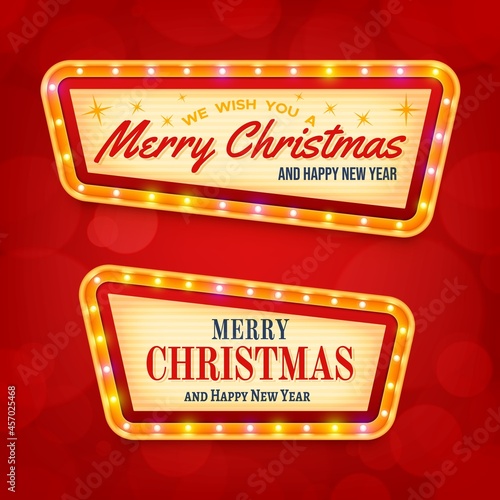 Merry Christmas and Happy New Year. Vintage marquee sign with illuminated frame. Design element for holiday banner, poster or greeting card.