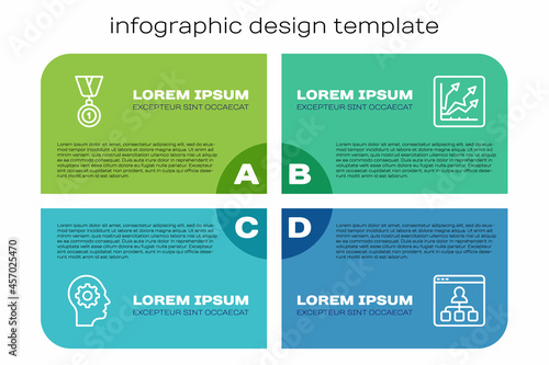 Set line Human head with gear inside, Medal, Online education and Financial growth increase. Business infographic template. Vector