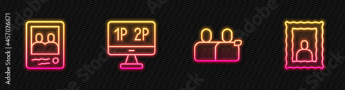 Set line BFF or best friends forever, Family photo, Computer monitor screen and Picture frame. Glowing neon icon. Vector