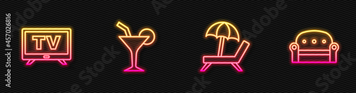 Set line Sunbed with umbrella, Smart Tv, Cocktail and Sofa. Glowing neon icon. Vector
