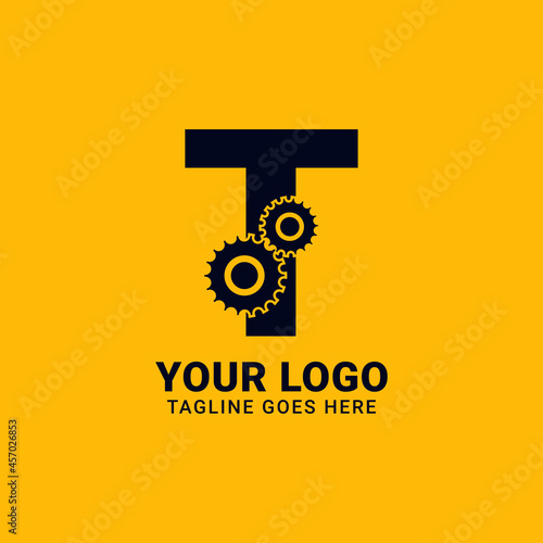 letter T with gear for technology and mechanical vector logo design