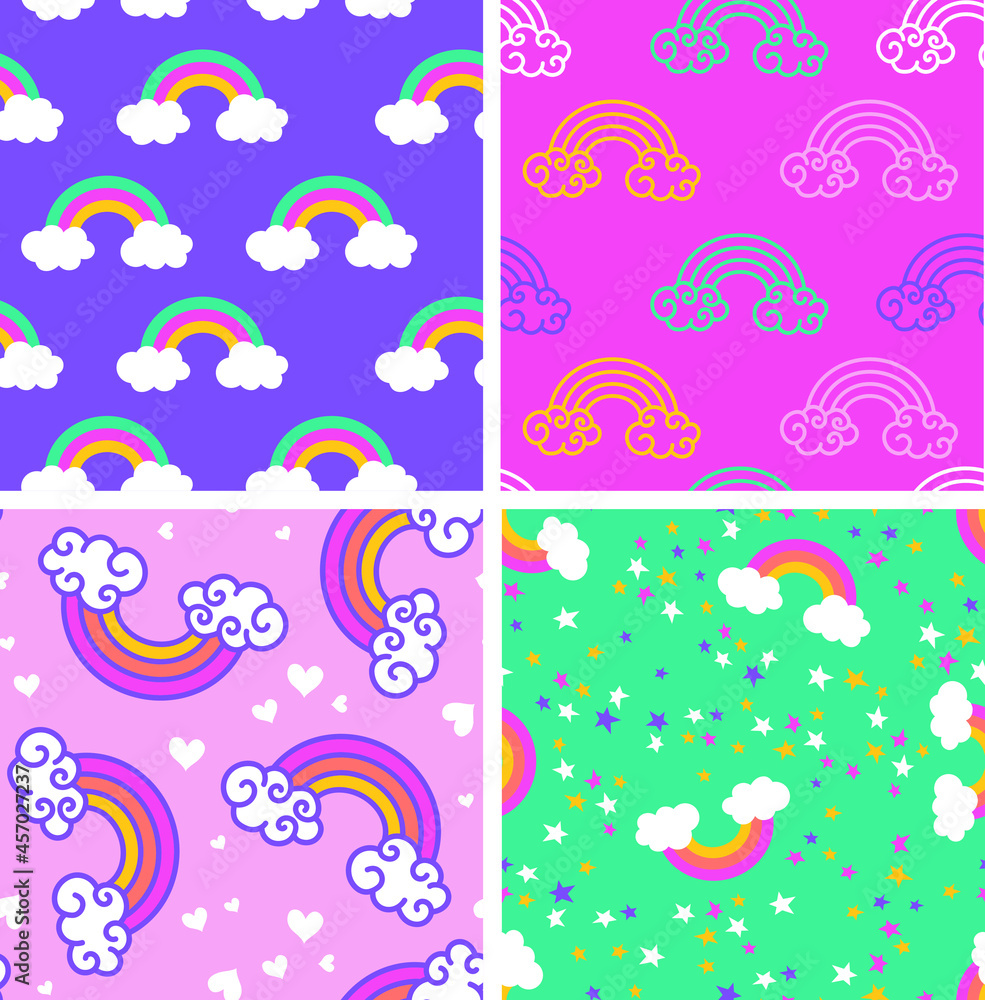 Pretty cute rainbow pattern. Abstract doodle vector seamless background. Design for fabric and textiles. Set of 4 designs. Pretty cute rainbow pattern. Abstract doodle vector seamless background. Design for fabric and textiles. Set of 4 designs.