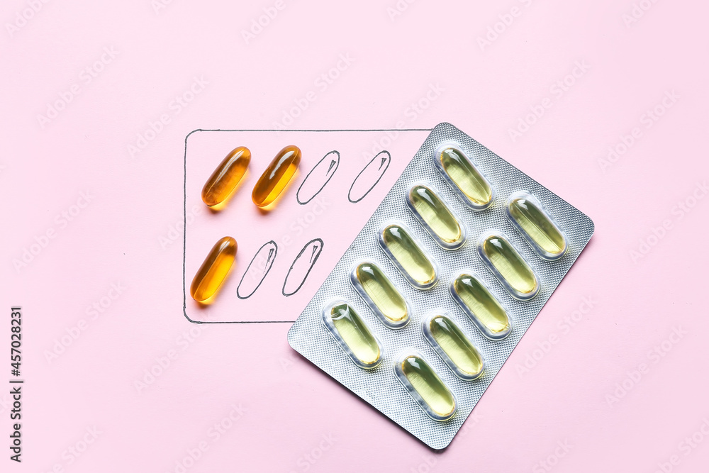 Drawn blister with fish oil pills on color background - obrazy, fototapety, plakaty 
