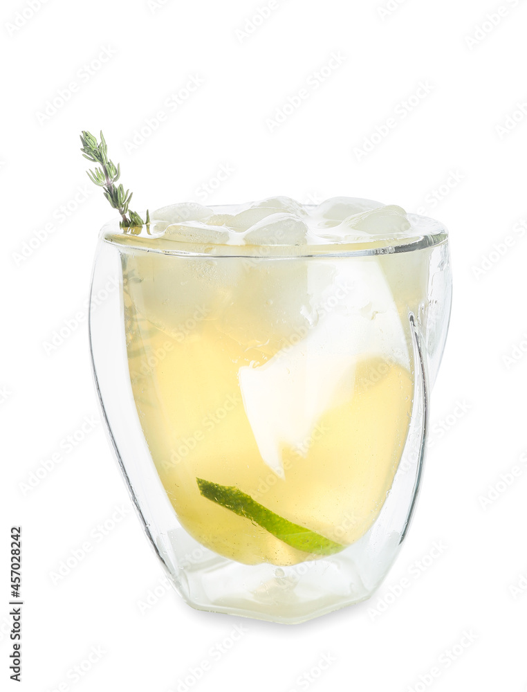 Glass of cold green tea with thyme on white background Glass of cold green tea with thyme on white background