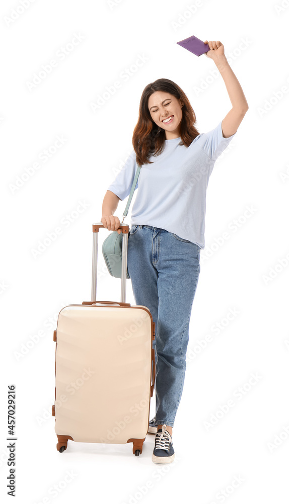 Young woman with luggage on white background. Concept of tourism Young woman with luggage on white background. Concept of tourism