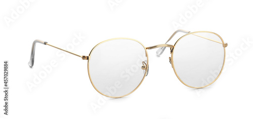 Stylish eyeglasses on white background