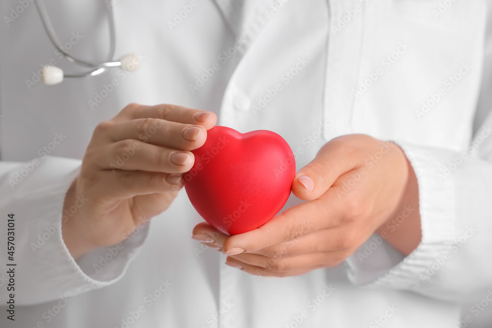 Female cardiologist holding red heart, closeup Female cardiologist holding red heart, closeup