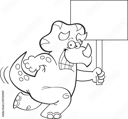 Black and white illustration of a smiling triceratops running while holding a sign.