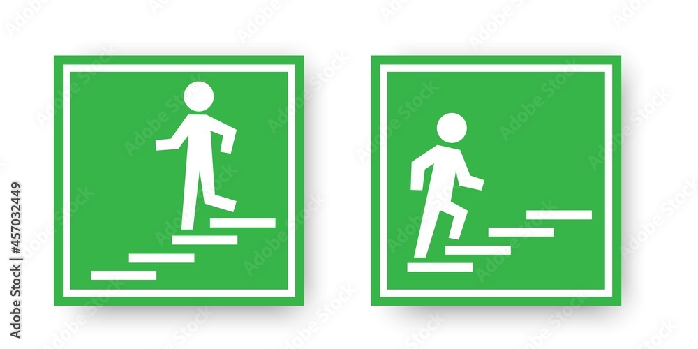 Down and up stairs icon in frame on green background. Emergency evacuation sign. Vector illustration. Stock image. Down and up stairs icon in frame on green background. Emergency evacuation sign. Vector illustration. Stock image.