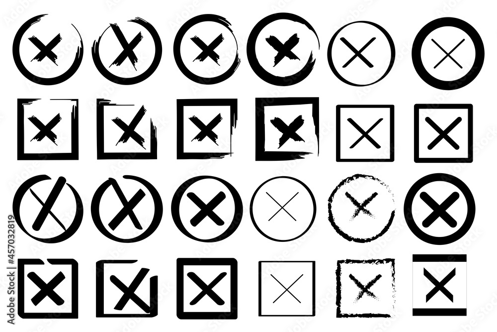 Set of black crosses on white background for web design. Line stroke. Checkbox icon. Vector illustration. Stock image. Set of black crosses on white background for web design. Line stroke. Checkbox icon. Vector illustration. Stock image.