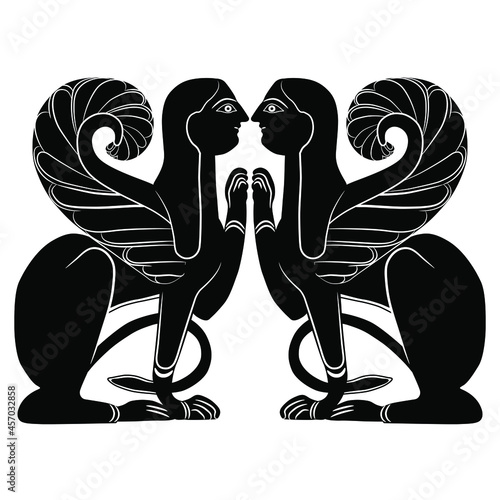 Symmetrical design with two antique winged female sphinxes. Black and white negative silhouette. Ancient Greek or Etruscan mythological animal motif.