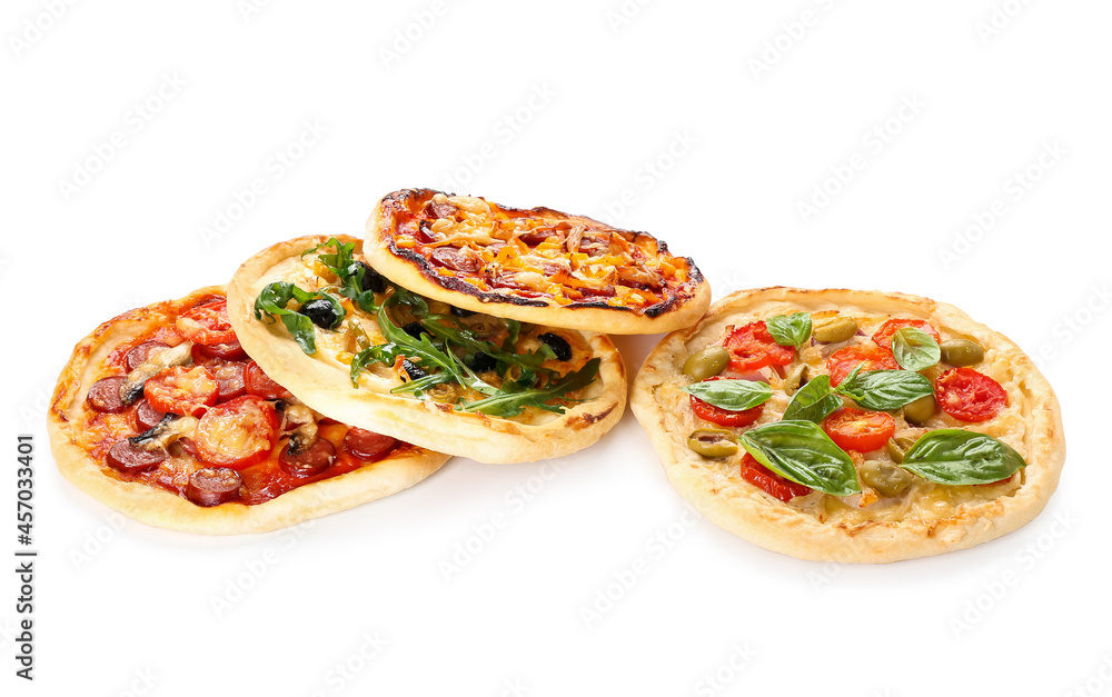Tasty mini pizzas on white background - obrazy, fototapety, plakaty 