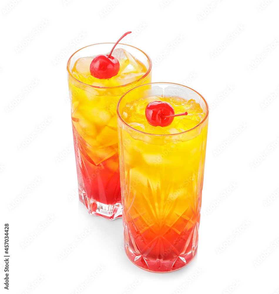 Glasses of tasty Tequila Sunrise cocktail on white background Glasses of tasty Tequila Sunrise cocktail on white background