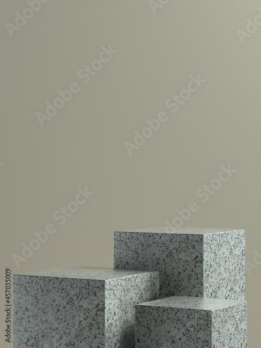 Grey marble cube product stage or podium with light brown wall background for product banner or promo. 3D Illustration © Easygraphics