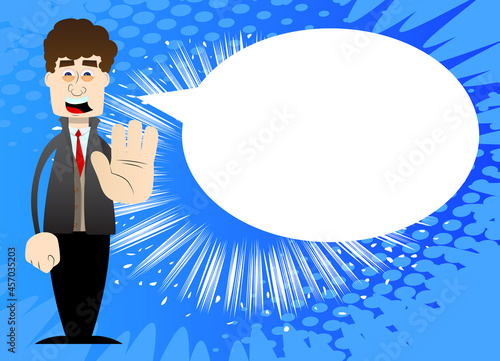 Funny cartoon man dressed for winter showing deny or refuse hand gesture. Vector illustration.