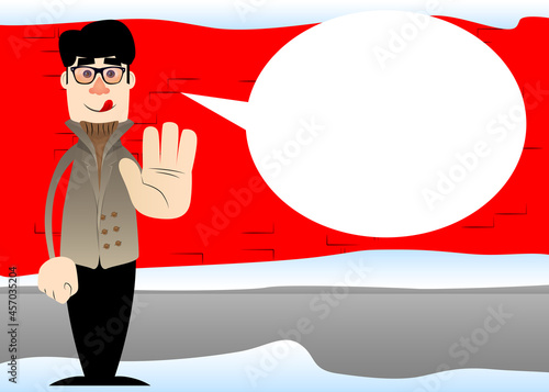 Funny cartoon man dressed for winter showing deny or refuse hand gesture. Vector illustration.