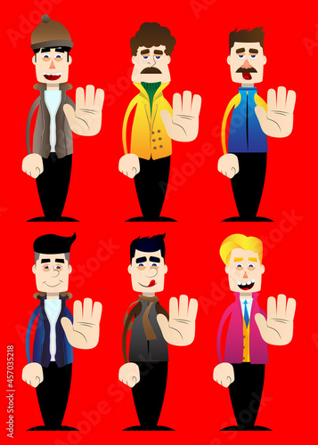 Funny cartoon man dressed for winter showing deny or refuse hand gesture. Vector illustration.