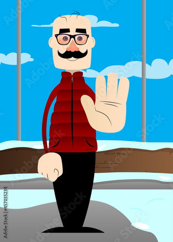 Funny cartoon man dressed for winter showing deny or refuse hand gesture. Vector illustration.