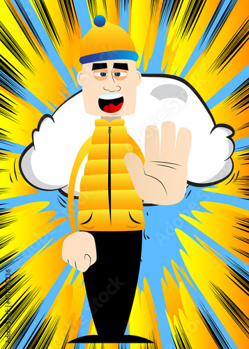 Funny cartoon man dressed for winter showing deny or refuse hand gesture. Vector illustration.