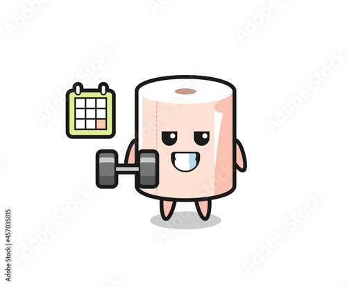 tissue roll mascot cartoon doing fitness with dumbbell