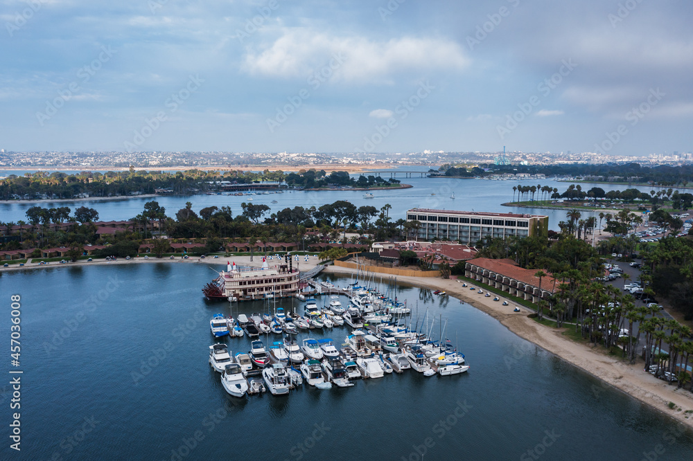 Boats docked in Mission Bay, San Diego, aerial view. 
