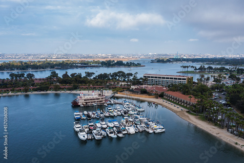 Boats docked in Mission Bay, San Diego, aerial view.  photo