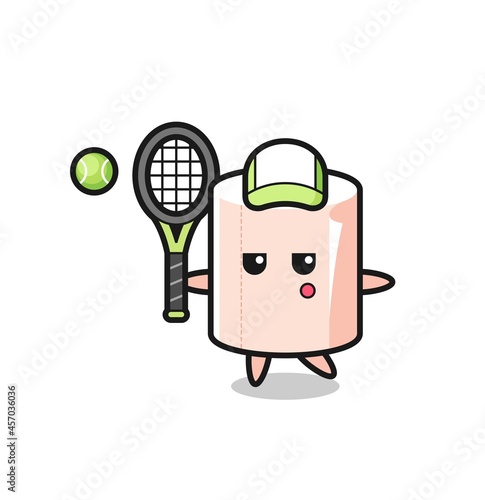 Cartoon character of tissue roll as a tennis player