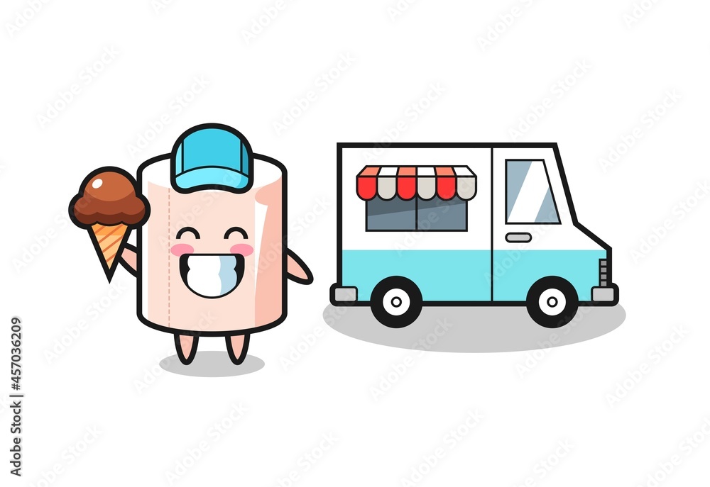 Mascot cartoon of tissue roll with ice cream truck Mascot cartoon of tissue roll with ice cream truck