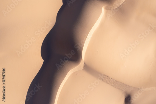 Top down drone view of sand dunes, aerial. 