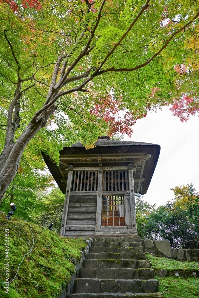 Obraz premium 色づき始めたモミジの紅葉に囲まれた古いお堂の情景@岩手