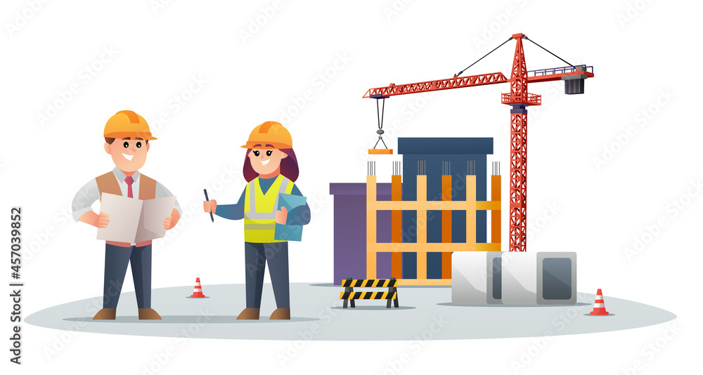 Cute construction foreman and female engineer characters on construction site with tower crane illustration Cute construction foreman and female engineer characters on construction site with tower crane illustration