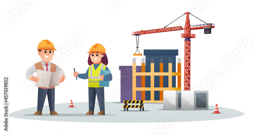 Cute construction foreman and female engineer characters on construction site with tower crane illustration