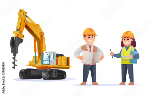 Cute construction foreman and female engineer characters with drill excavator illustration